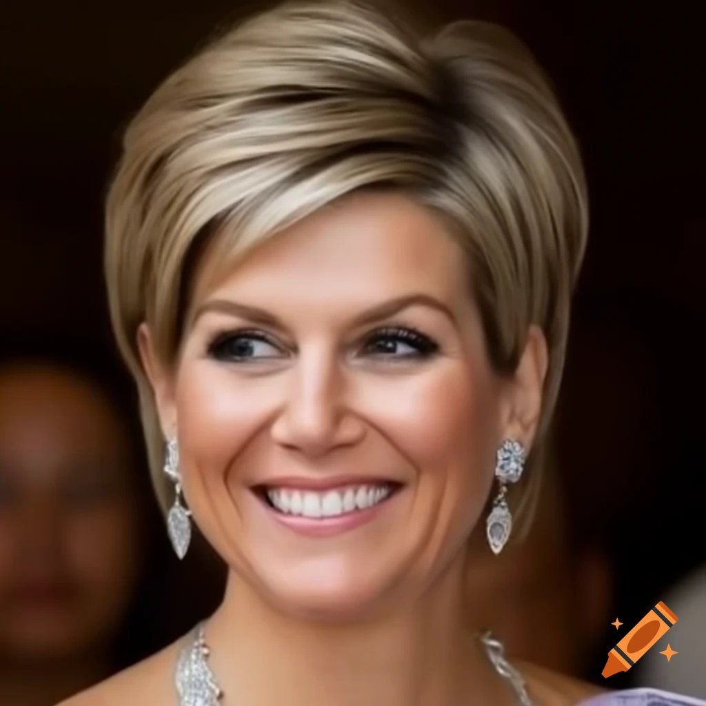 Queen Maxima showcasing short pixie cut and regal style