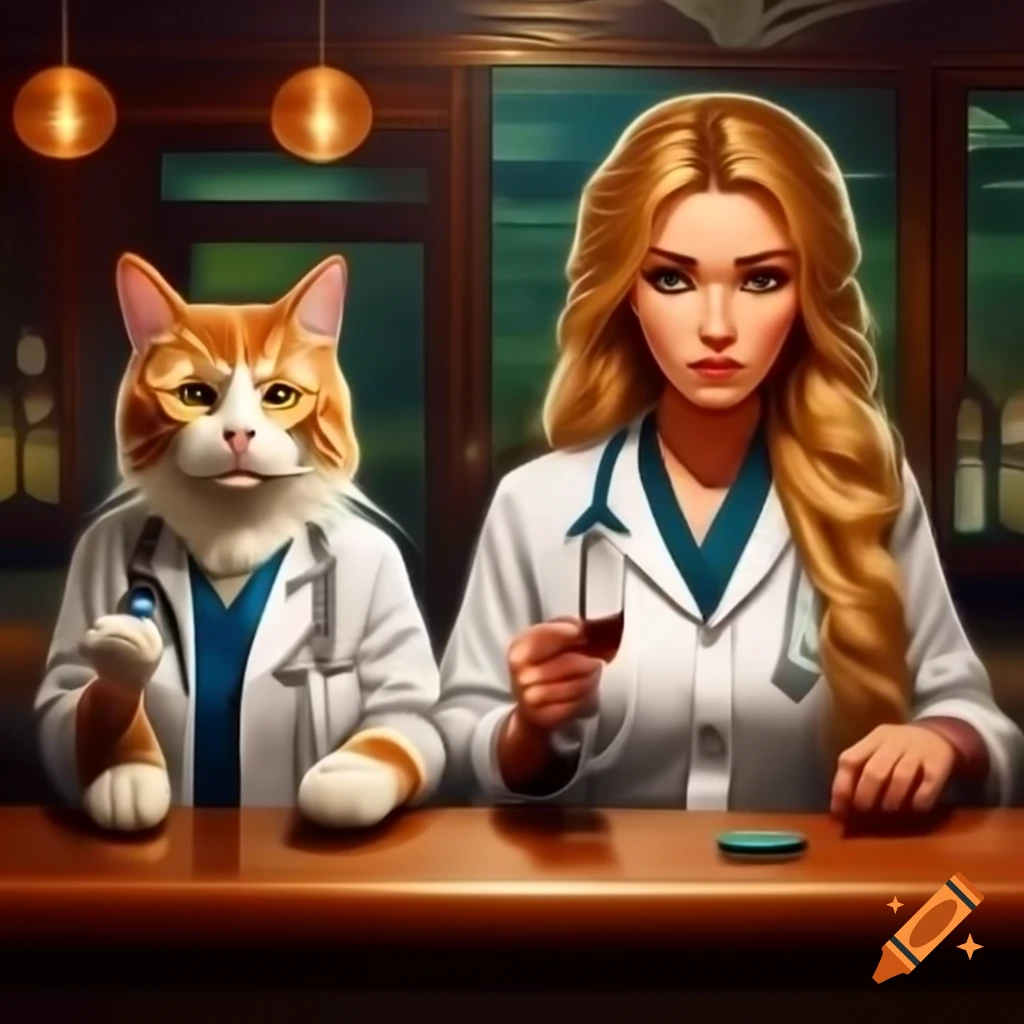Siberian cats dressed as doctors examining a woman in a bar setting