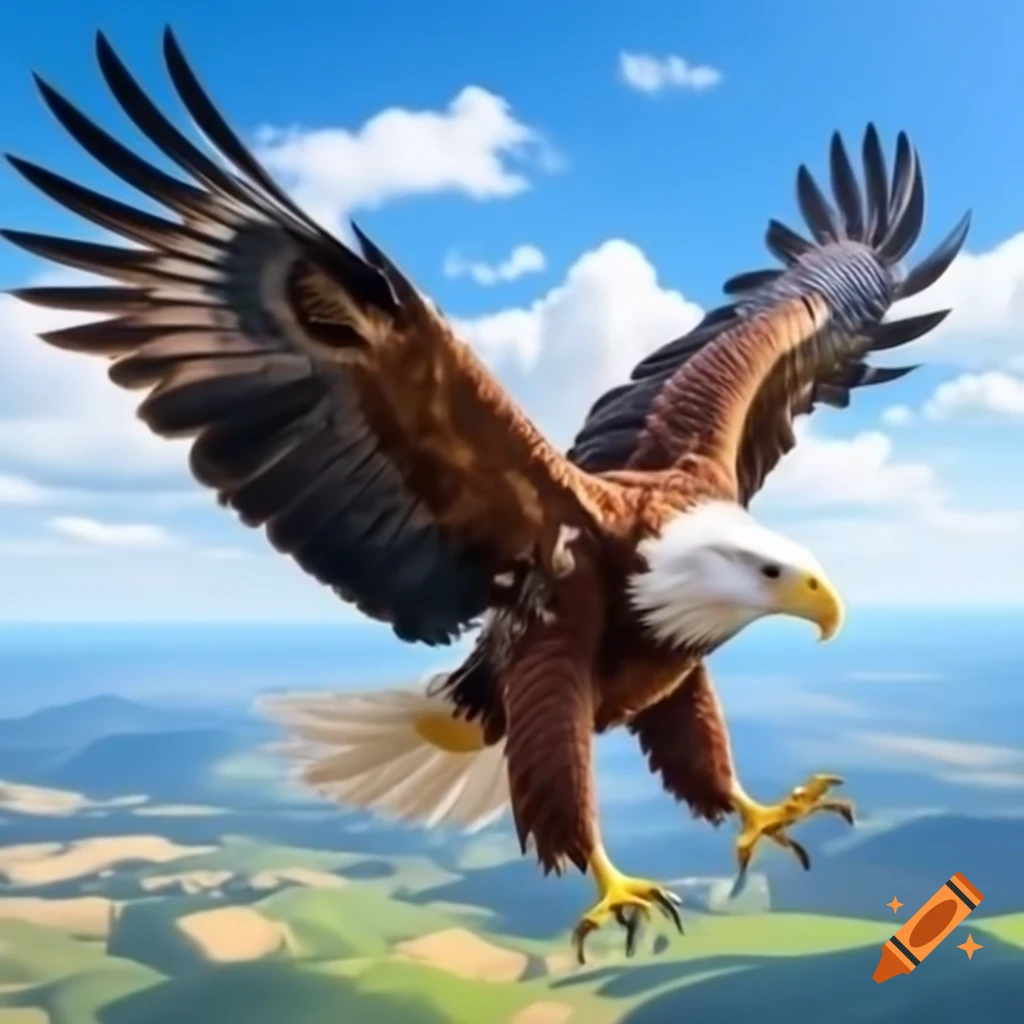 Yellow eagle soaring over Hungarian countryside with outstretched wings