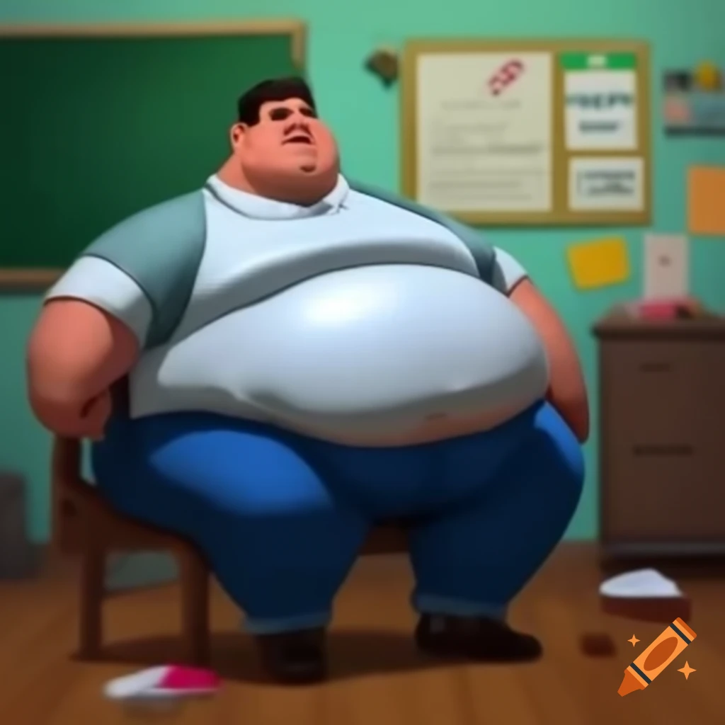 Obese teacher sitting in chair
