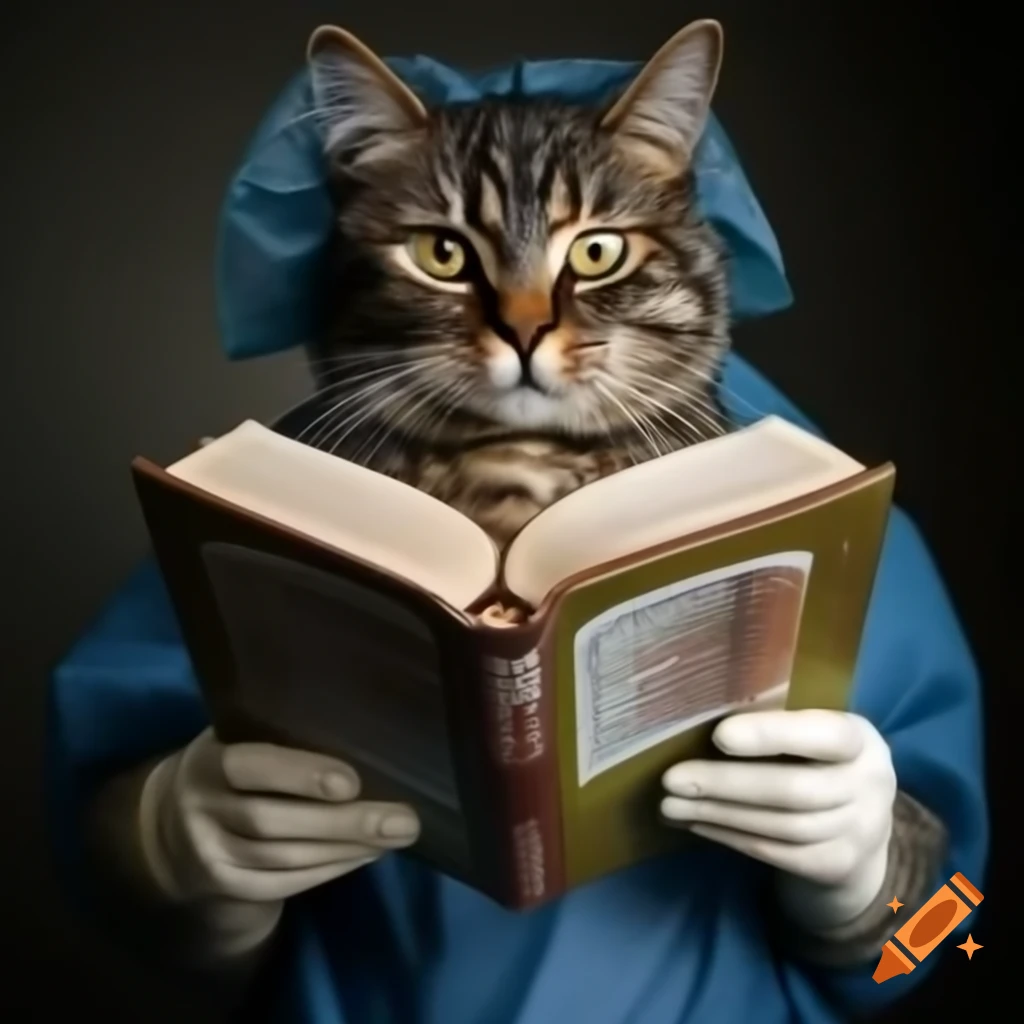Cat in surgeon kit holding pathological anatomy book