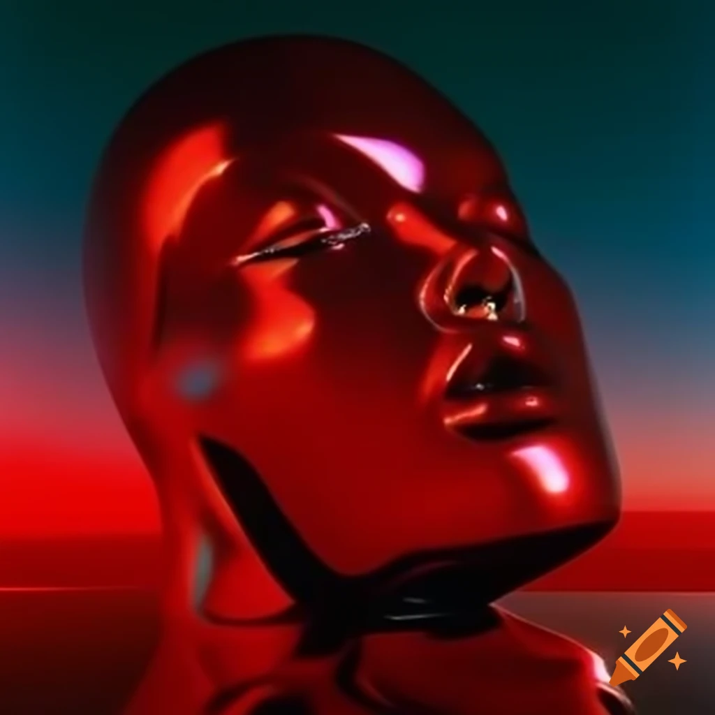 Pop surreal photography featuring iridescent red glass statue