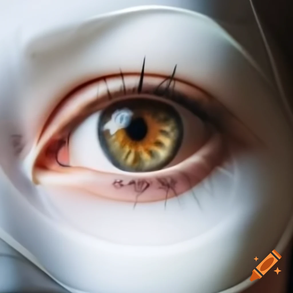Close-up of human eye iris behind white carnival mask