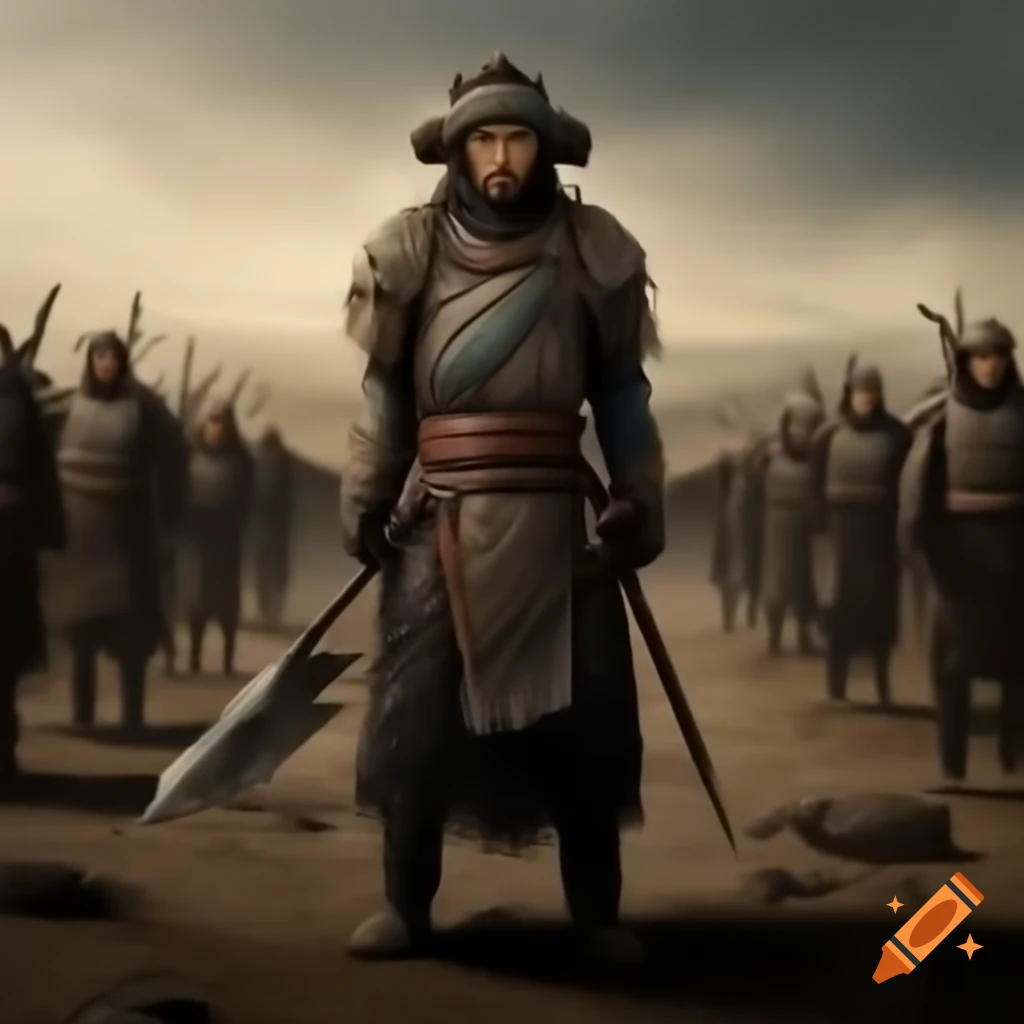 Mongolian warrior in desolate wasteland symbolizing survival and hope