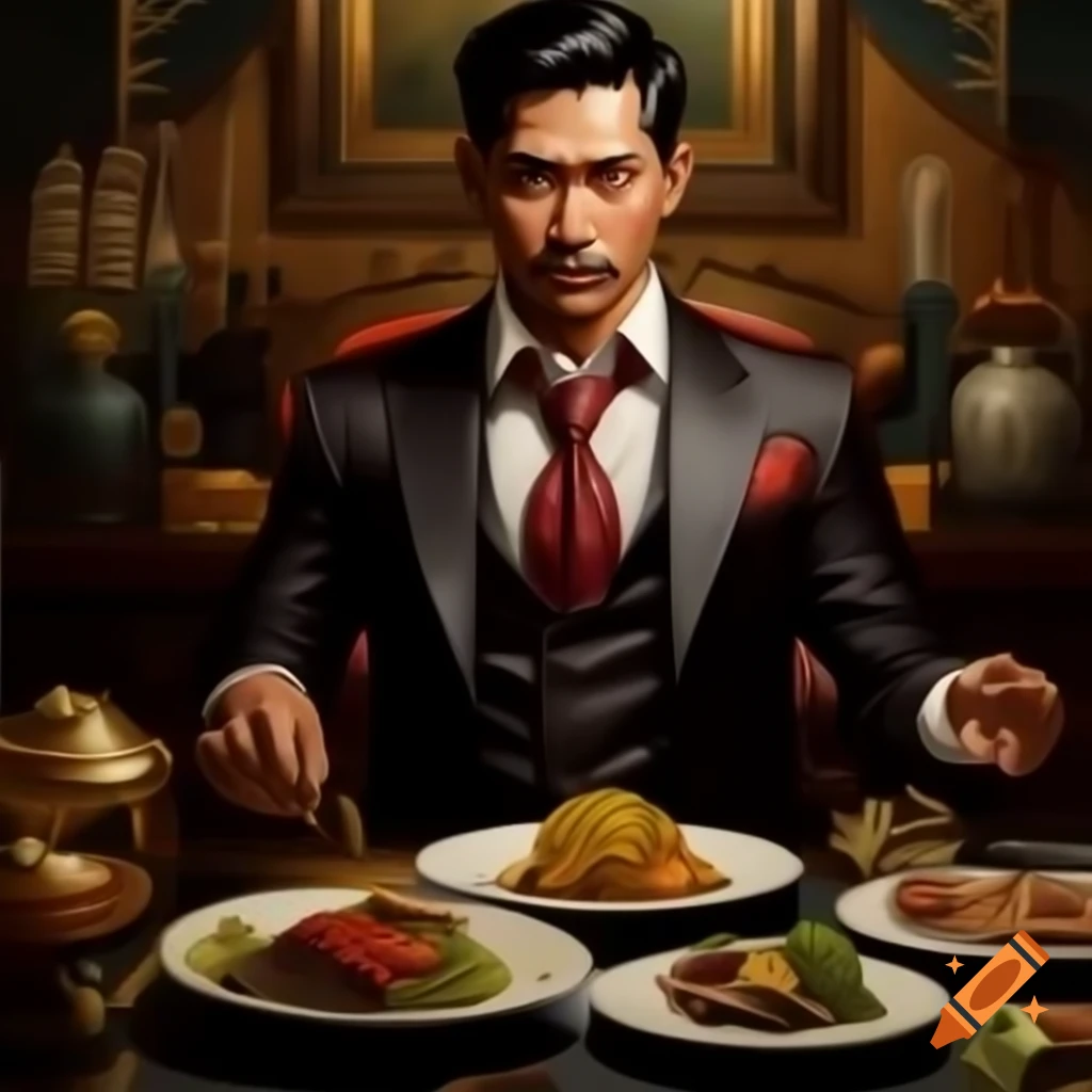 Digital painting of wealthy Filipino businessman in luxurious penthouse with opulent decor and high-end art