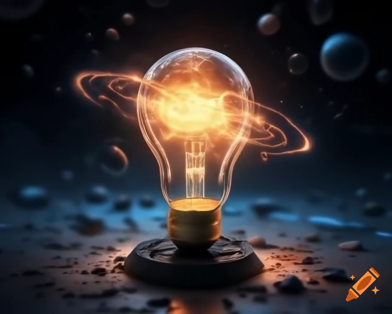 Miniature universe inside lightbulb with electric sparks and glowing filament