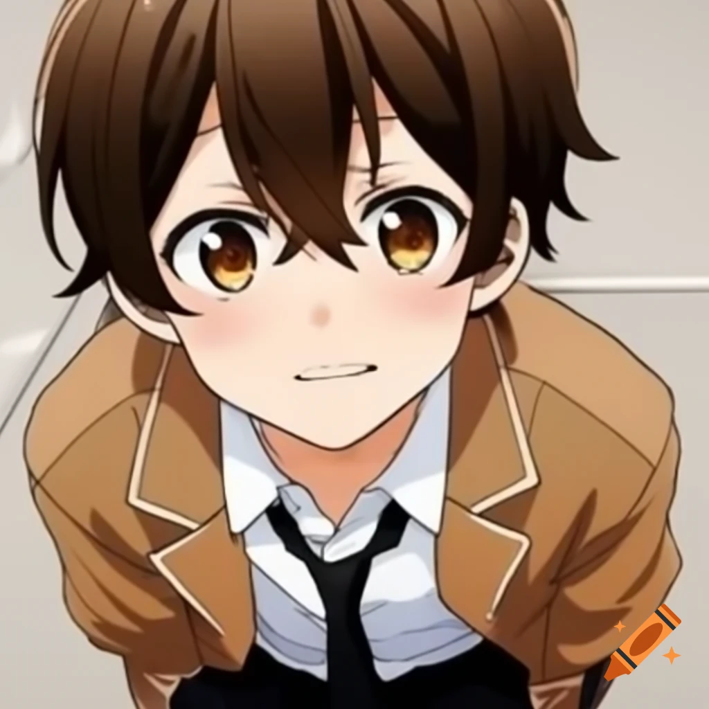 Anime boy with brown hair and eyes wearing a brown jacket and black tie, smiling shyly at the camera