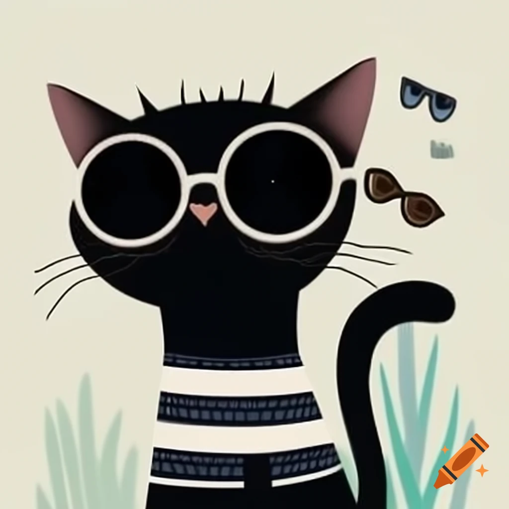 Cartoon art of black cat with pajama stripes and sunglasses