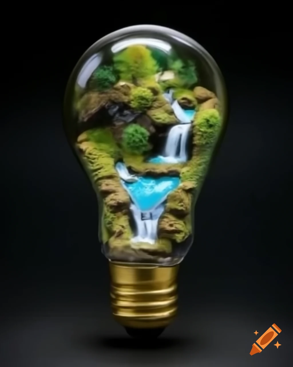 Miniature diorama of waterfall inside light bulb