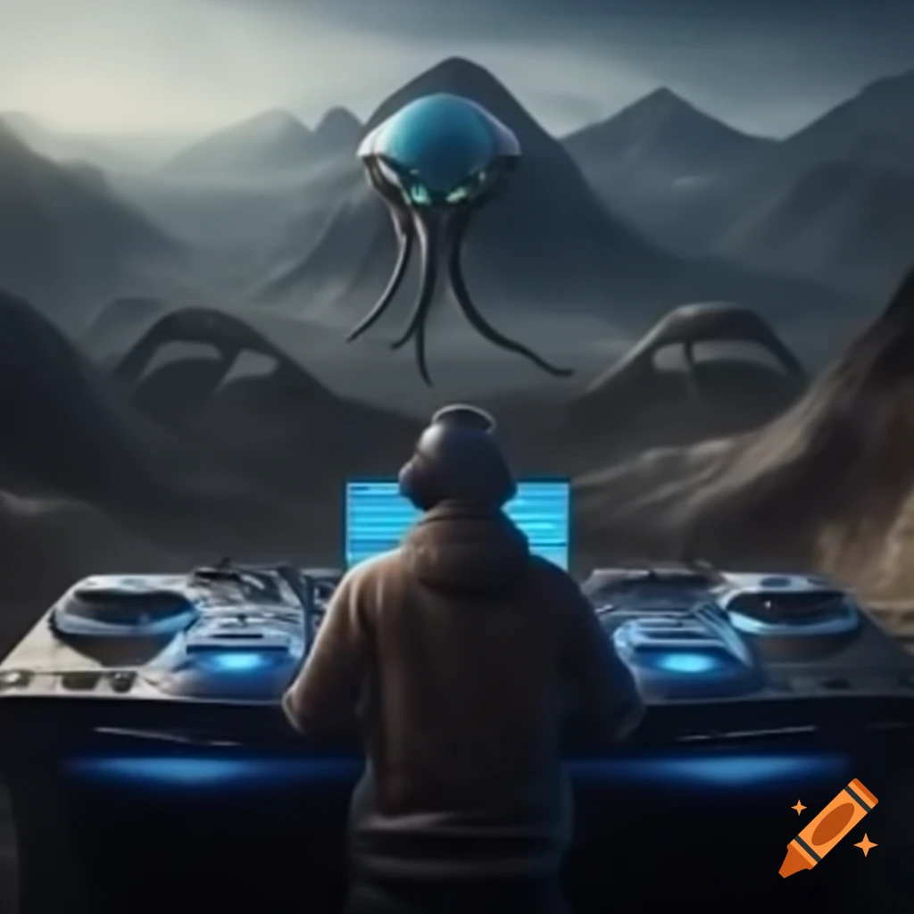 Two DJs performing in alien worlds with Table Mountain in the background
