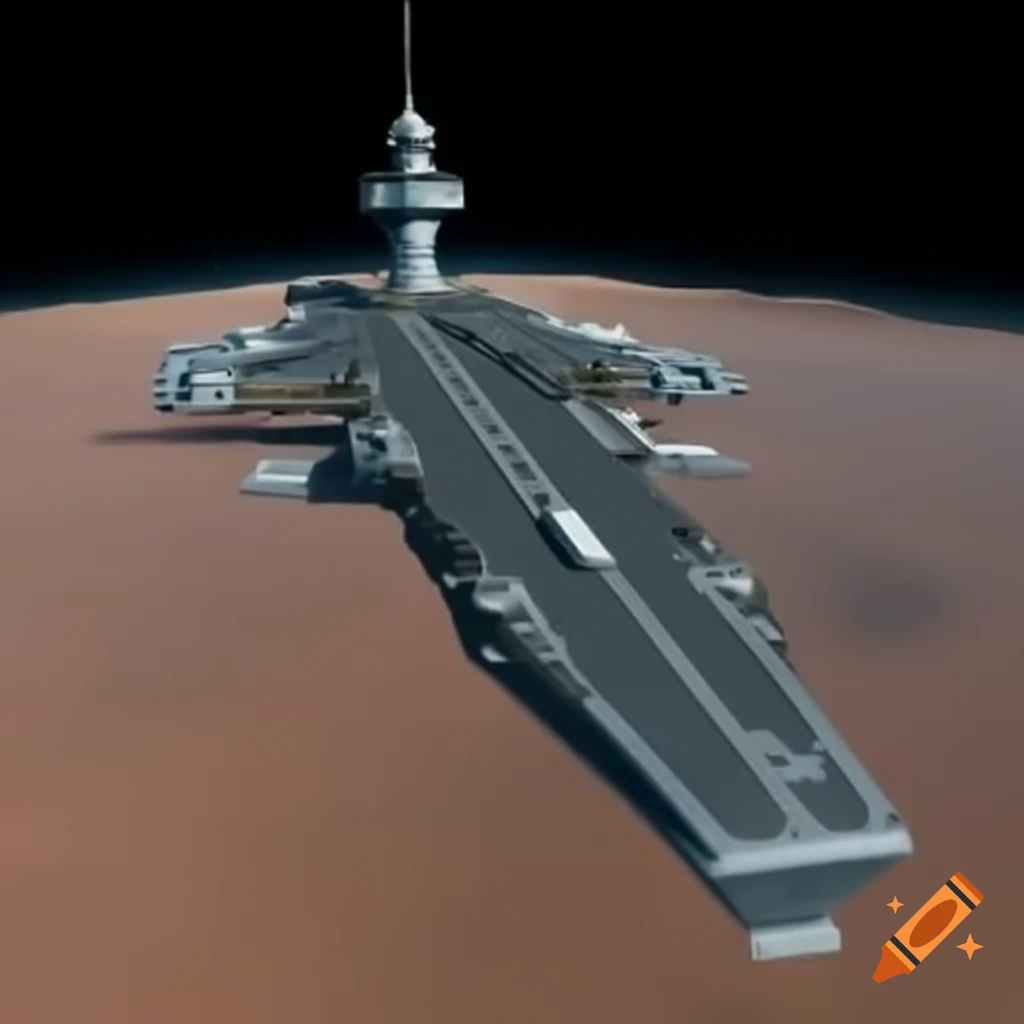 Spaceship resembling an aircraft carrier in orbit around Mars