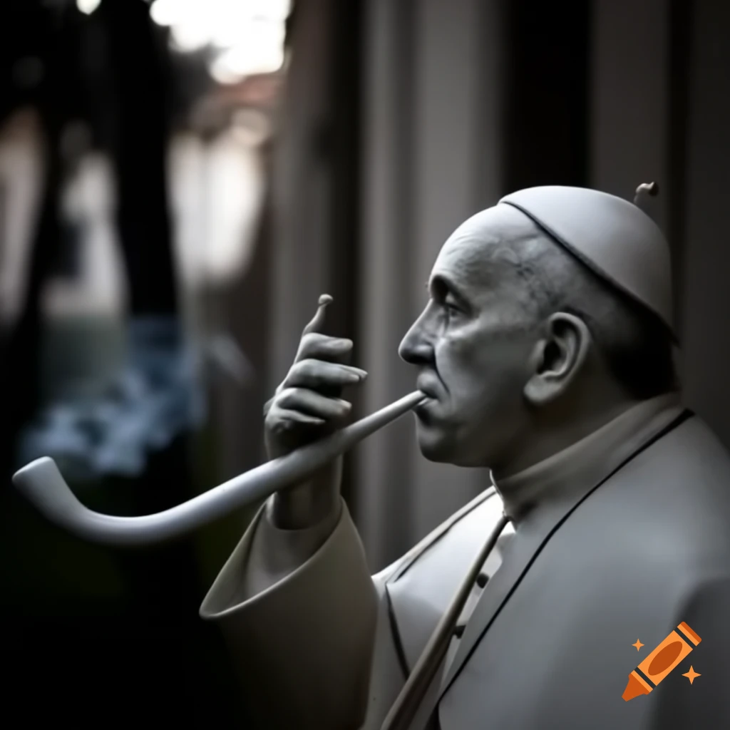 Statue of the pope smoking peace pipe in tranquil residence