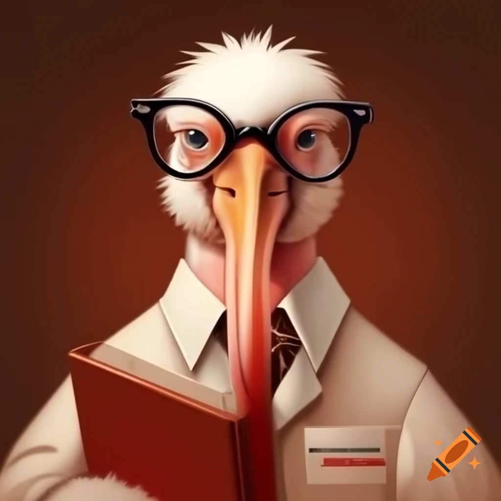 Ibis wearing glasses and tie holding a notebook in its beak