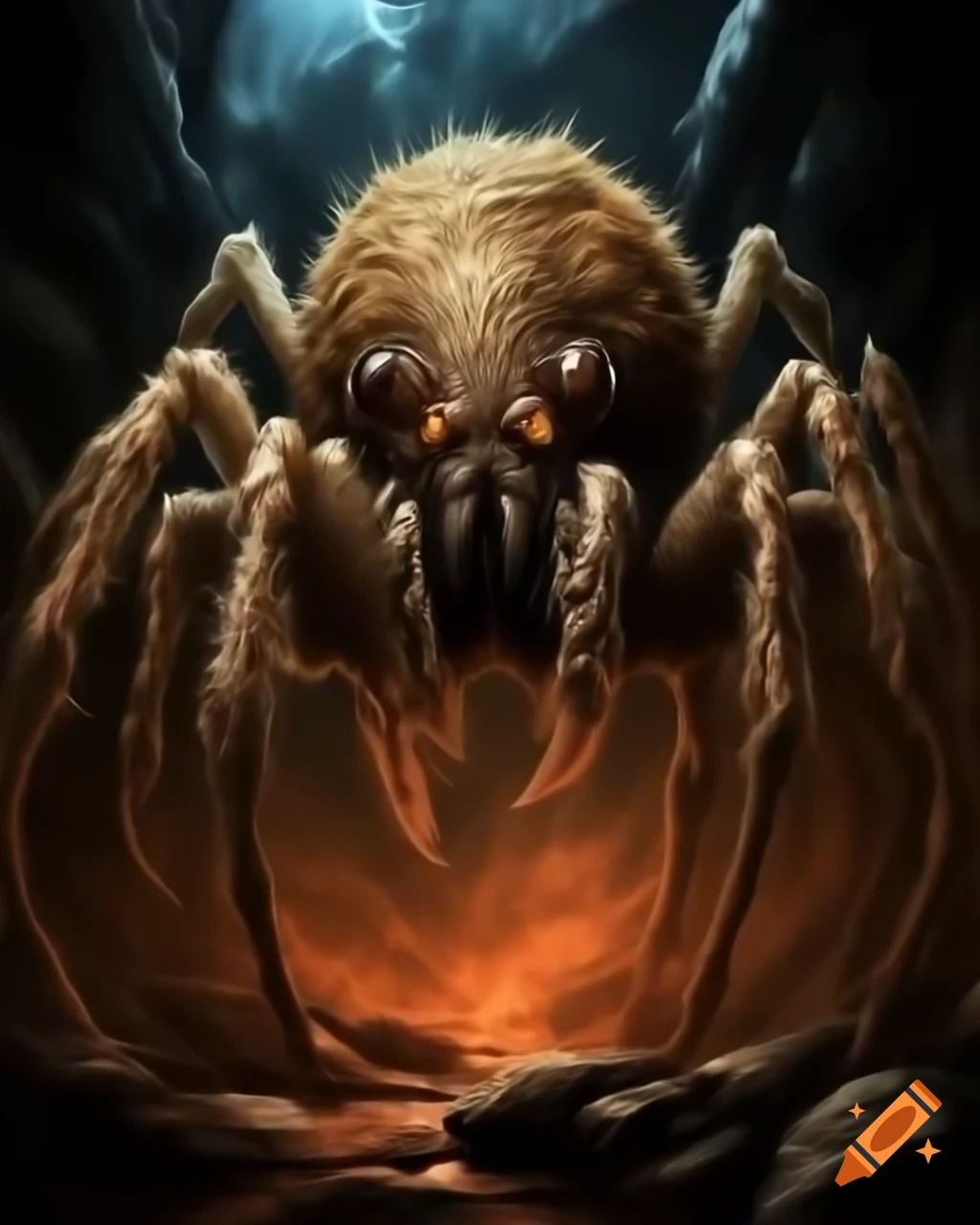 Colossal hairy spider with eight eyes in dark lair
