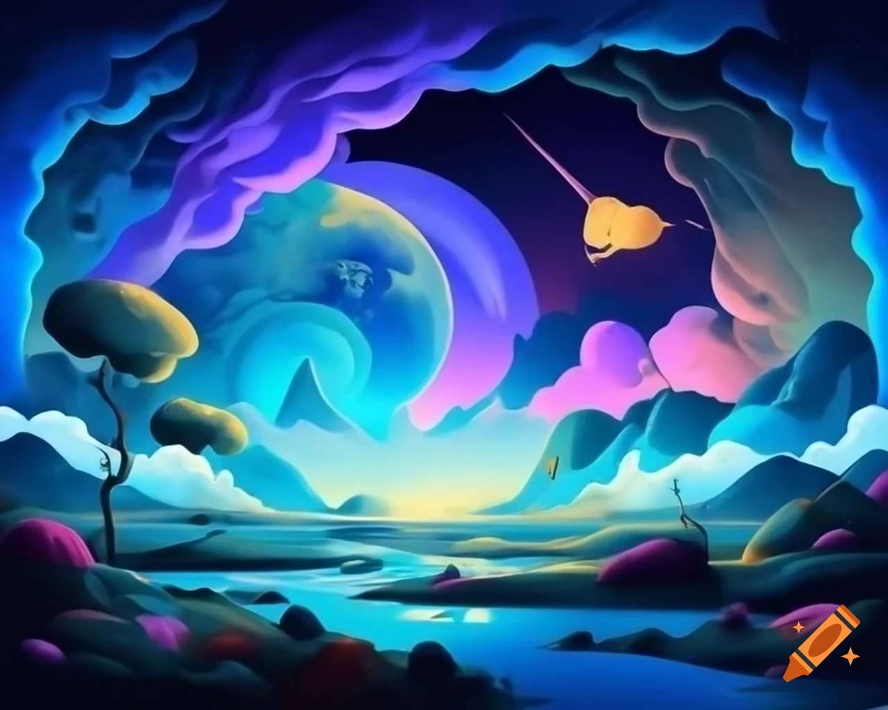 Surrealistic landscape with vibrant dreamlike tapestry