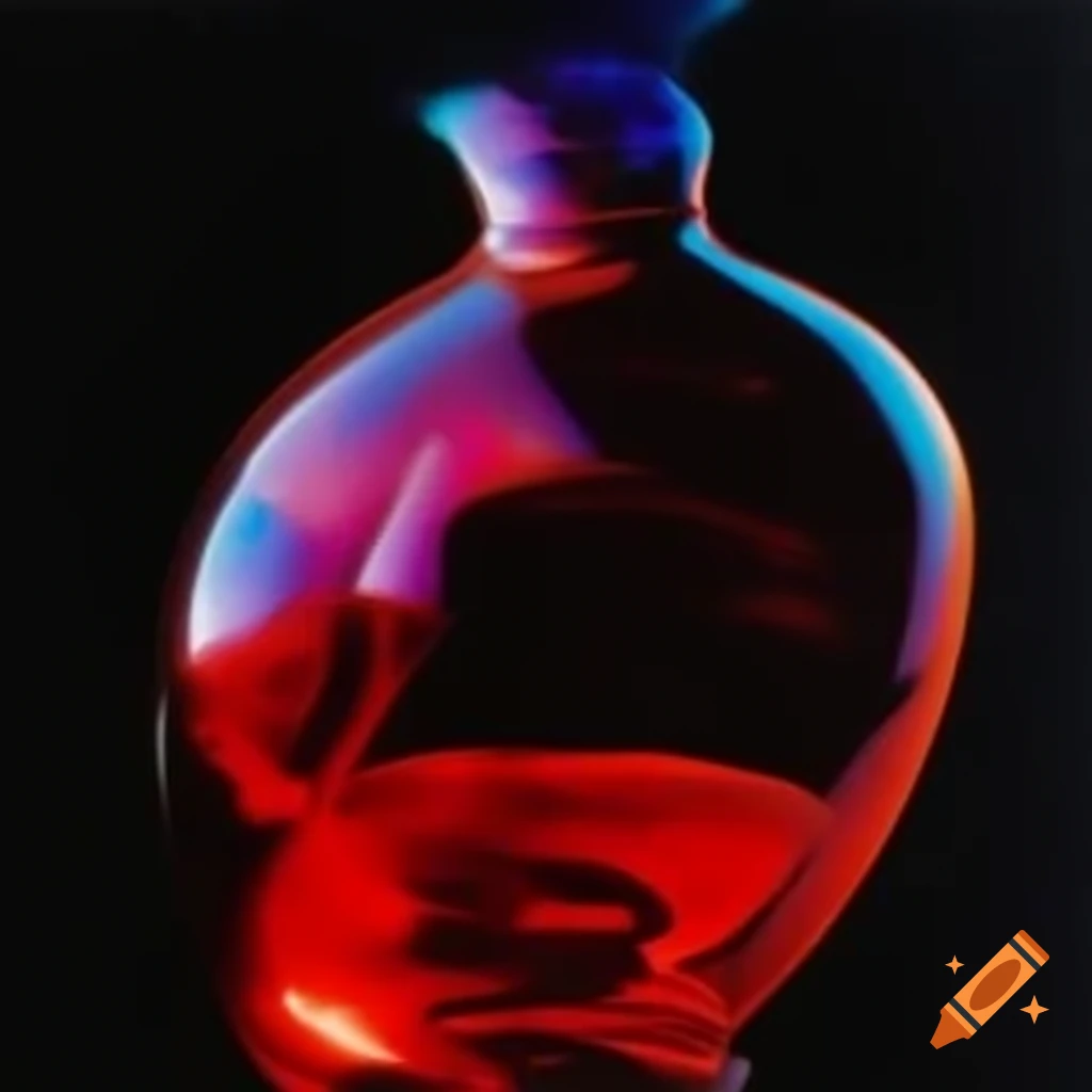 Pop surreal photography featuring iridescent red glass statue
