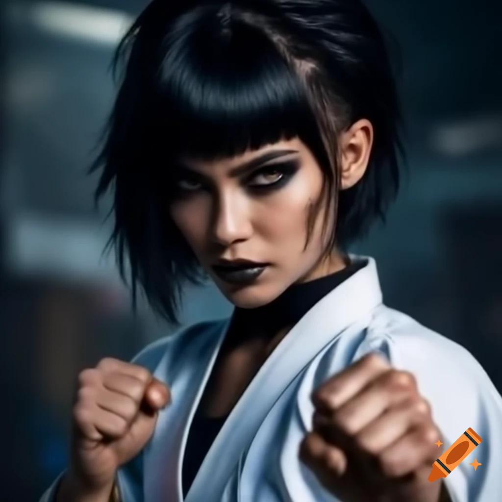 Woman in white karate gi with goth makeup in fighting stance