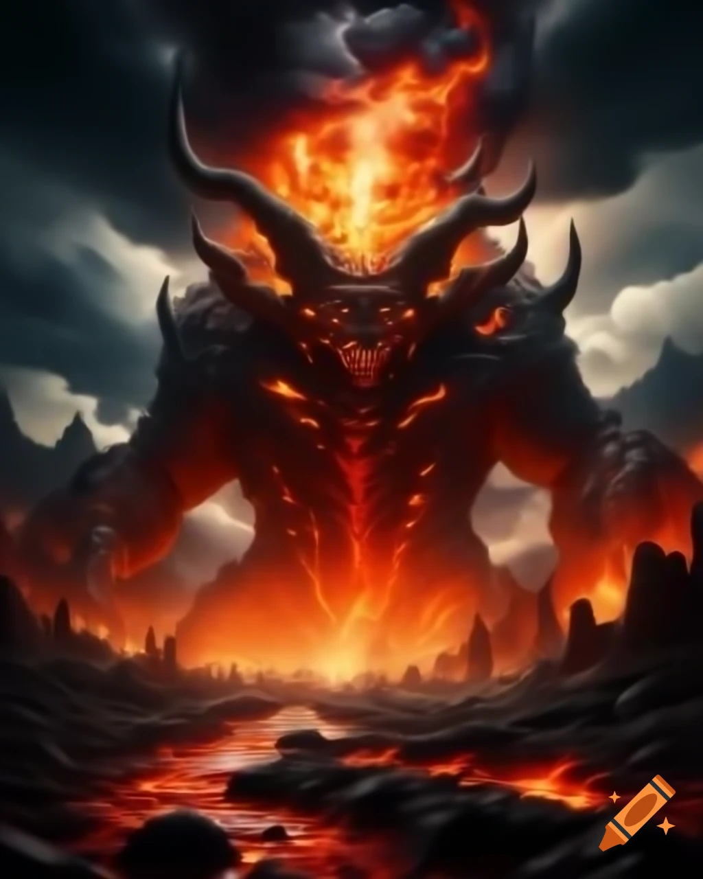 Golem monster emerging from the earth, surrounded by smoke and lava