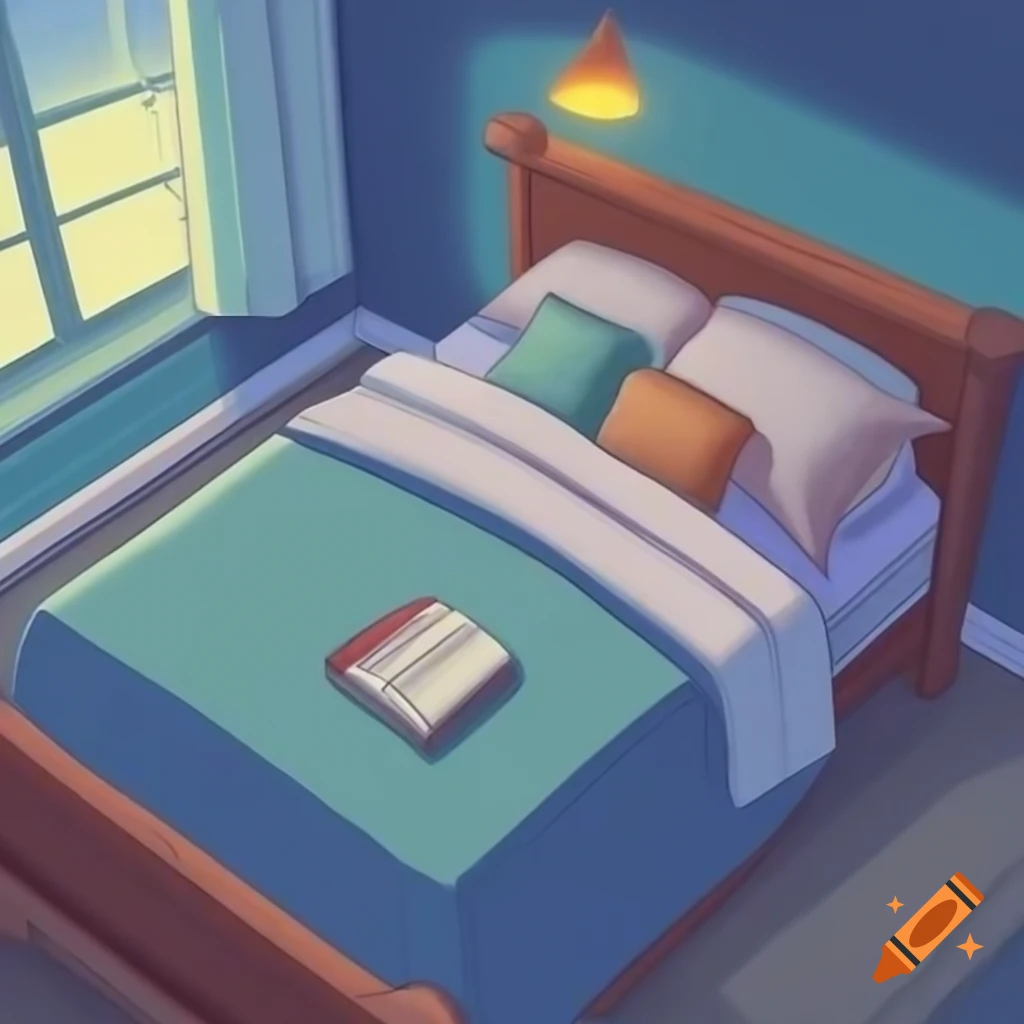 Pencil drawing of a neatly made bed with a visible book on the pillow in softly lit room