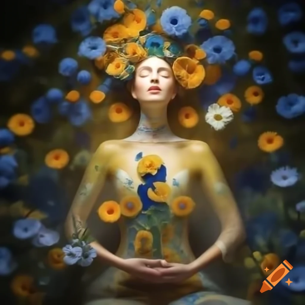 Meditating priestess of love-cult amidst blue gold ebru flowers, inspired by Gustav Klimt