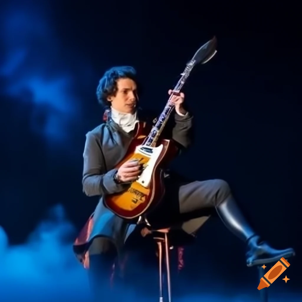 Man dressed as Mozart playing electric guitar on stage with dark blue smoky background