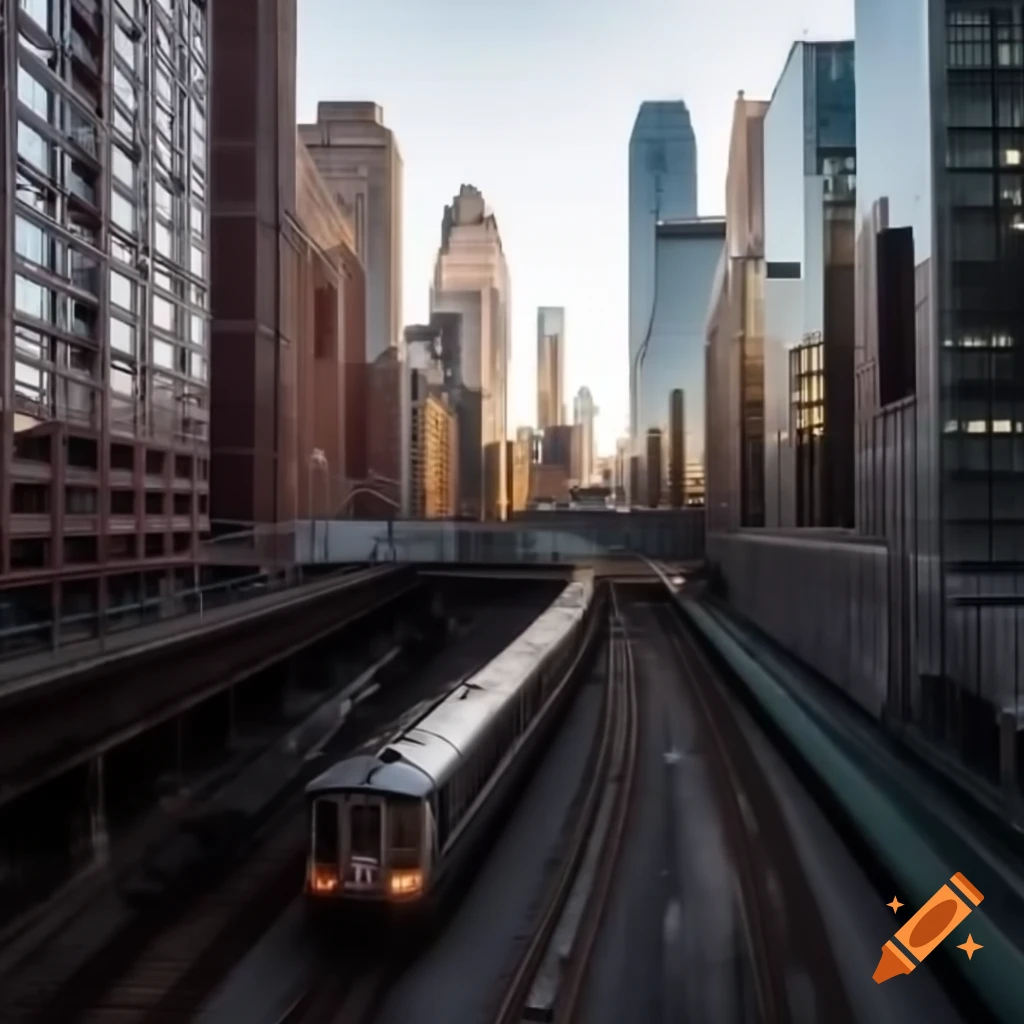 D62A train approaching 74th Street Station among skyscrapers in winter