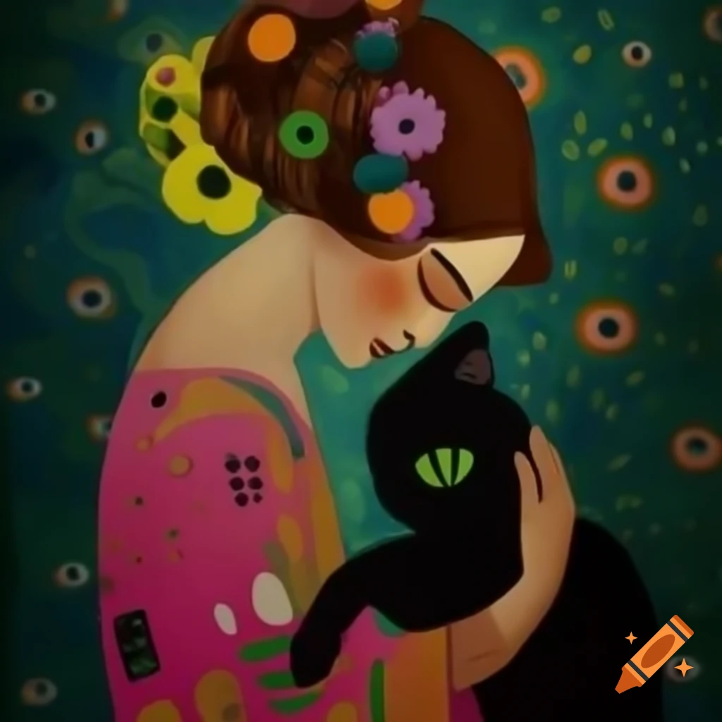Middle-aged woman with brown hair in colorful dress holding a black cat with green eyes, Klimt and Vinci style