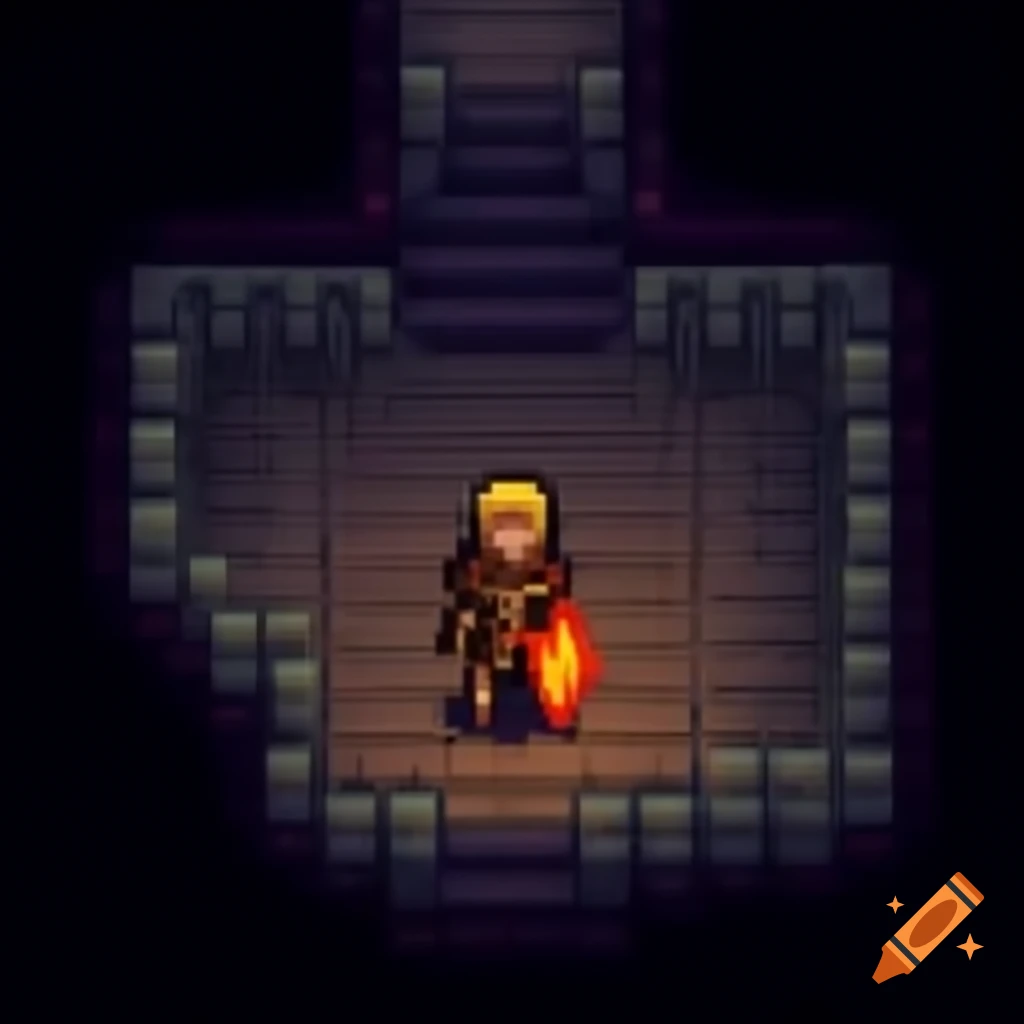 Knight holding torch in dungeon, pixel art style