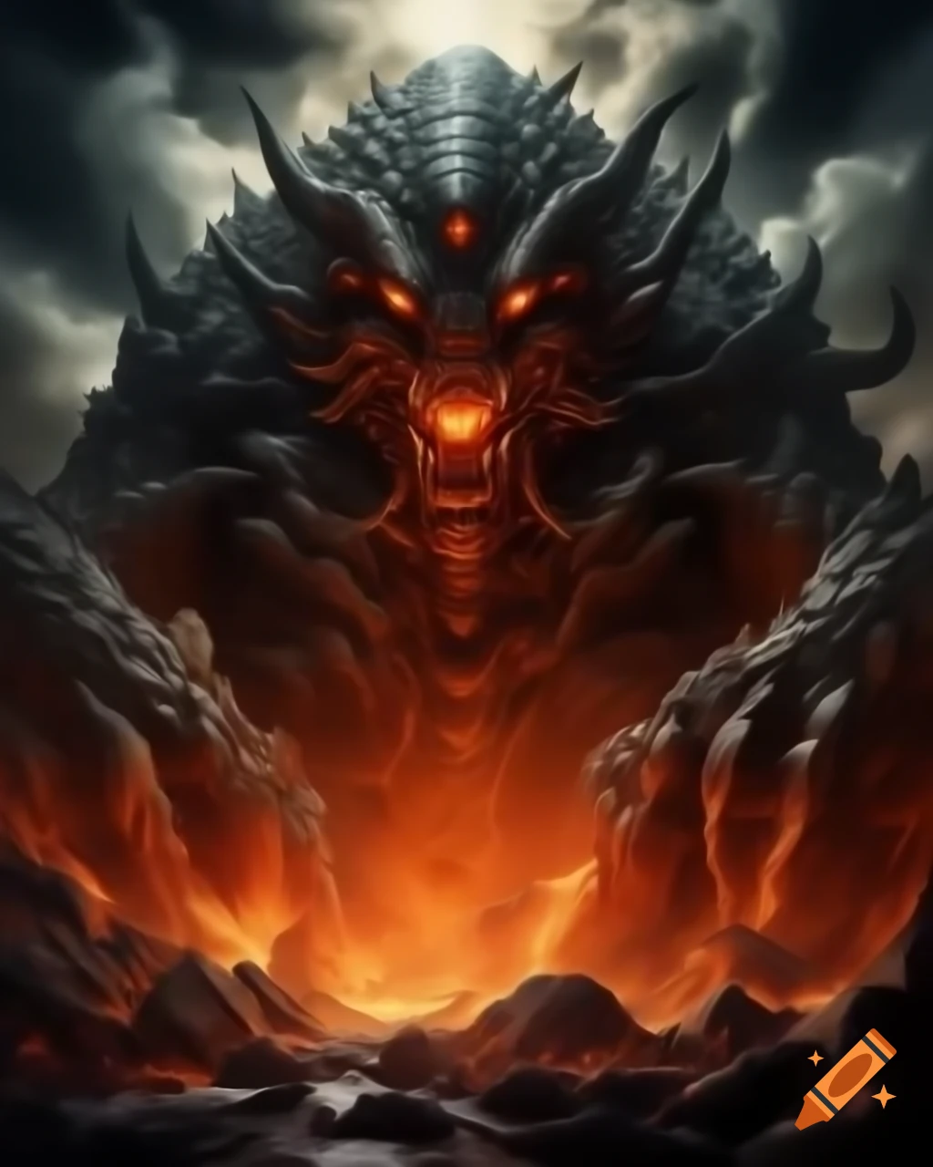 Creepy golem monster emerging from earth with molten lava and smoke