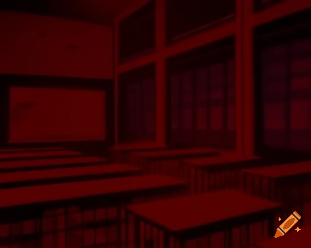 Dark red interior of an anime school room