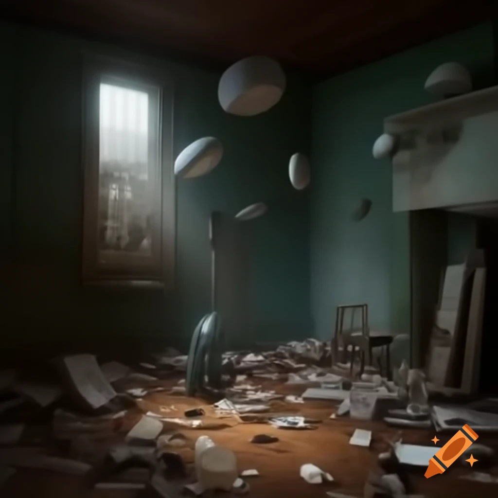 Surreal scene in a messy old room with distorted everyday objects