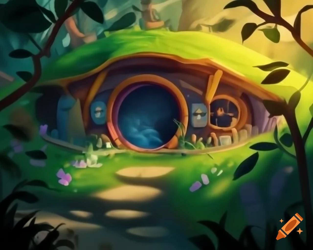 Quaint hobbit burrow surrounded by greenery at daybreak with dew drops
