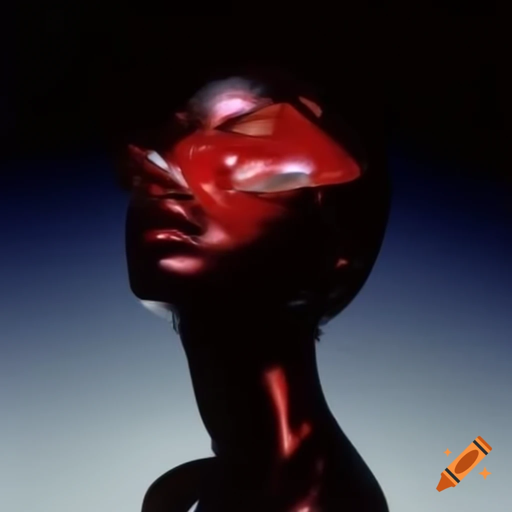 Pop surreal 2000s photography featuring iridescent red glass statue