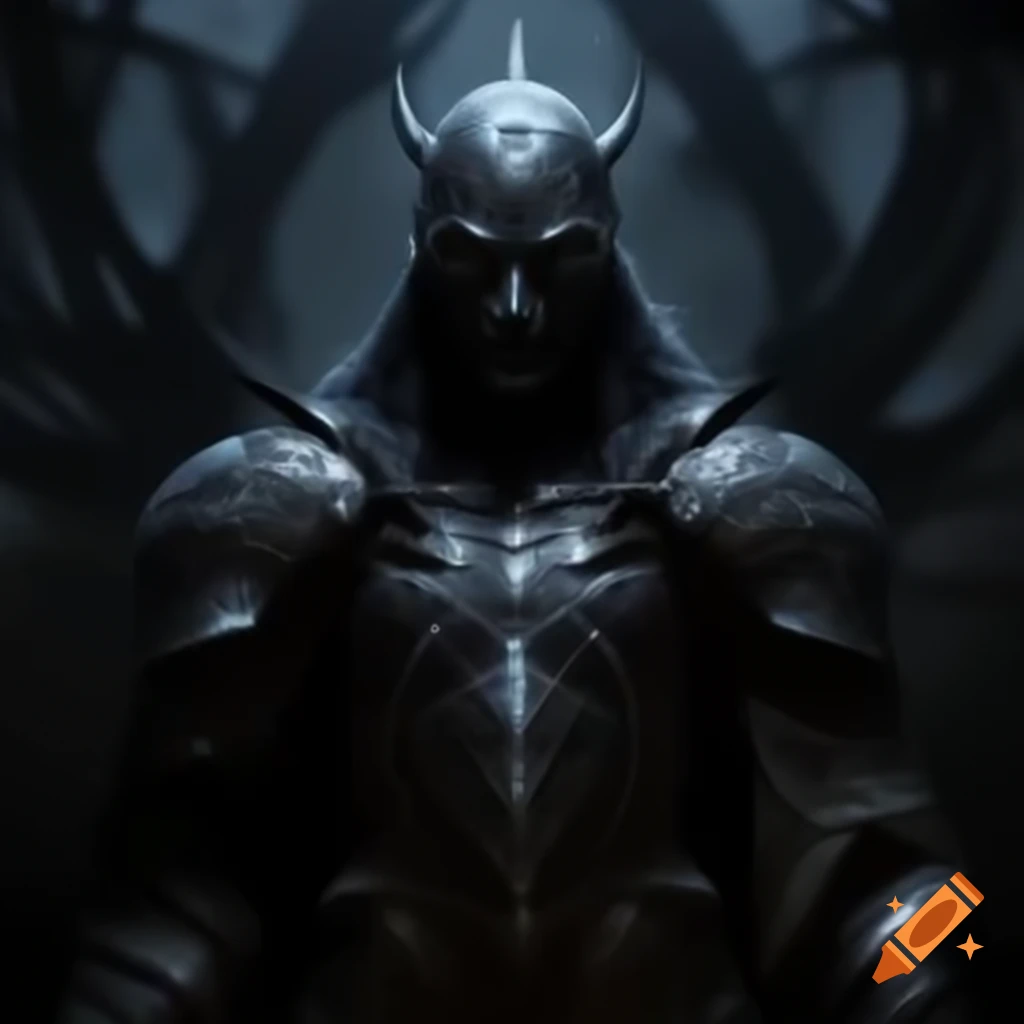 Faceless dark god in intricate obsidian armor standing in shadows