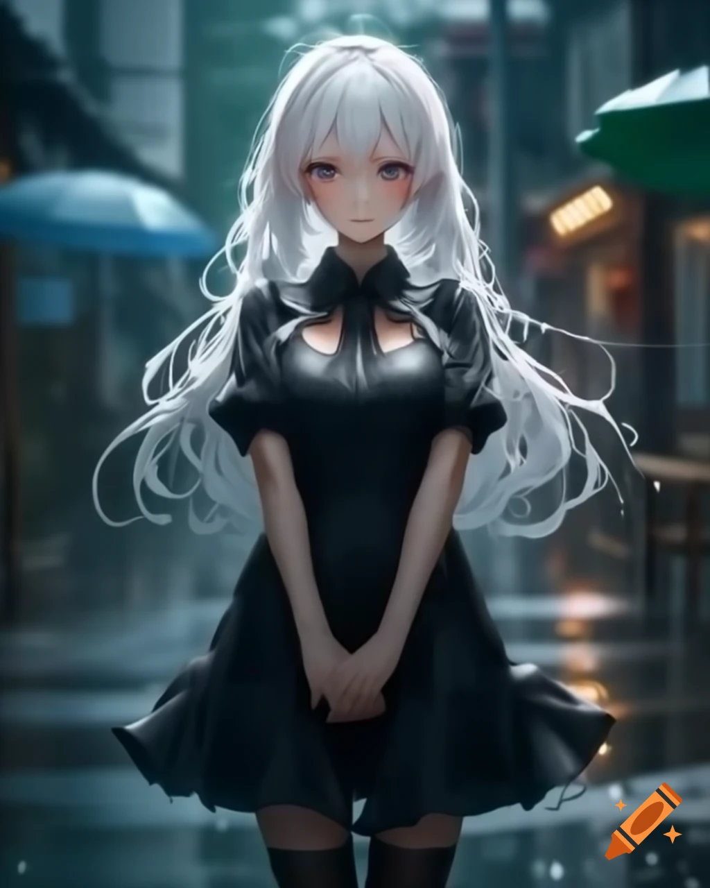 Anime character with white hair in black dress on a rainy day, realistic style