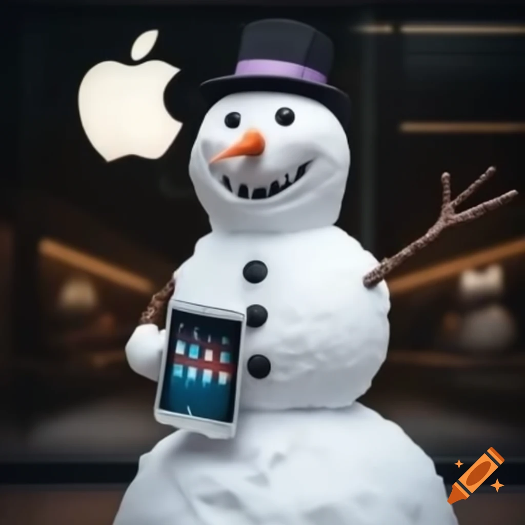 Snowman at Apple Store holding iPad and wearing a jacket