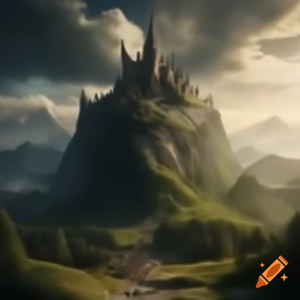 Majestic mountain with flying dragons and castle on the side