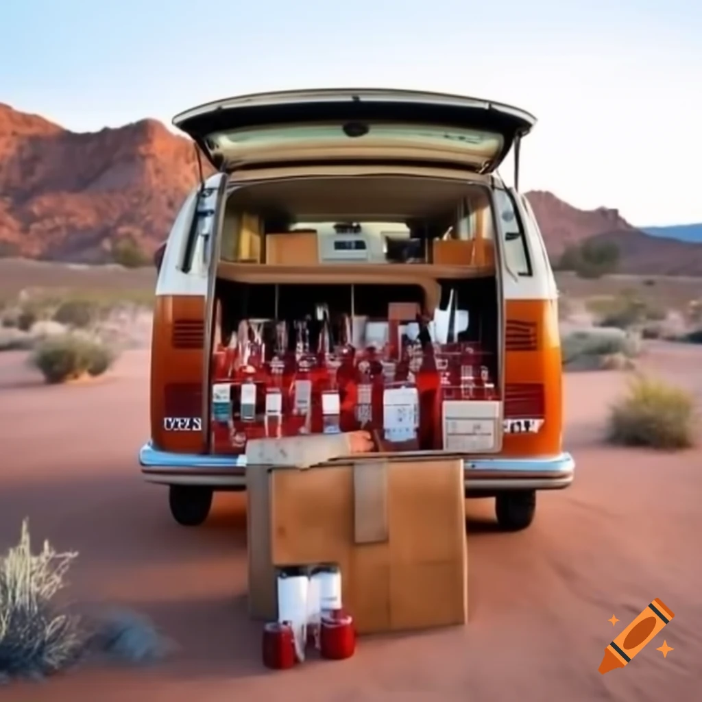 VW van in desert with open trunk filled with red liquor bottles