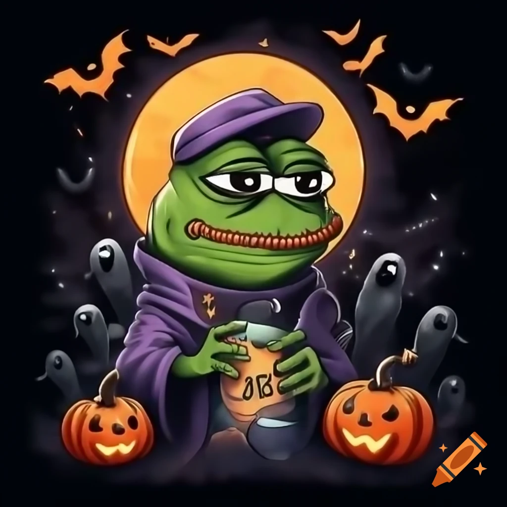 Halloween-themed meme coin mascot Spooky Pepe, a fusion of Pepe the Frog with ghosts and jack-o-lanterns