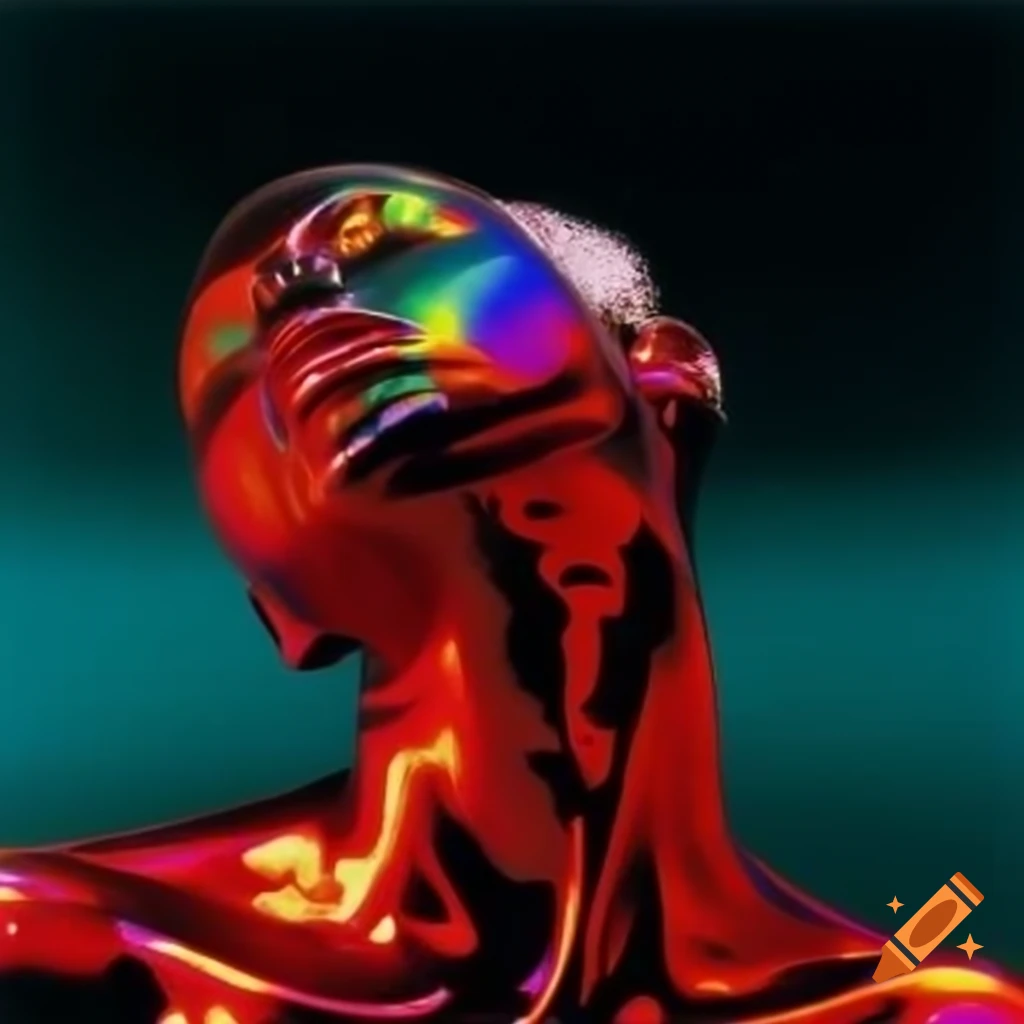Iridescent red glass statue in pop surreal 2000's photography style