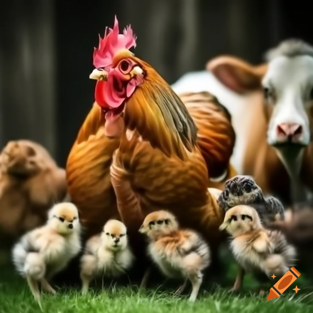 Hen with chicks interacting with rabbit, billy goat, pig, and cow