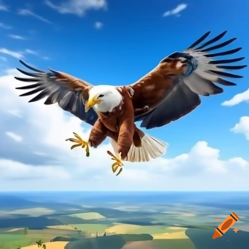 Yellow eagle soaring above Hungarian countryside with outstretched wings