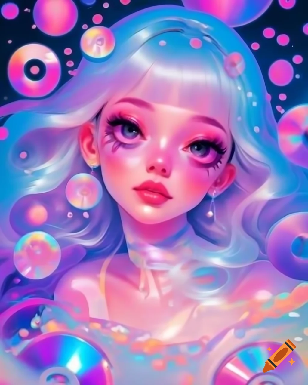 Stylish girl with holographic skin and CD-shaped clothes in vibrant pastel colors, retro 90s style