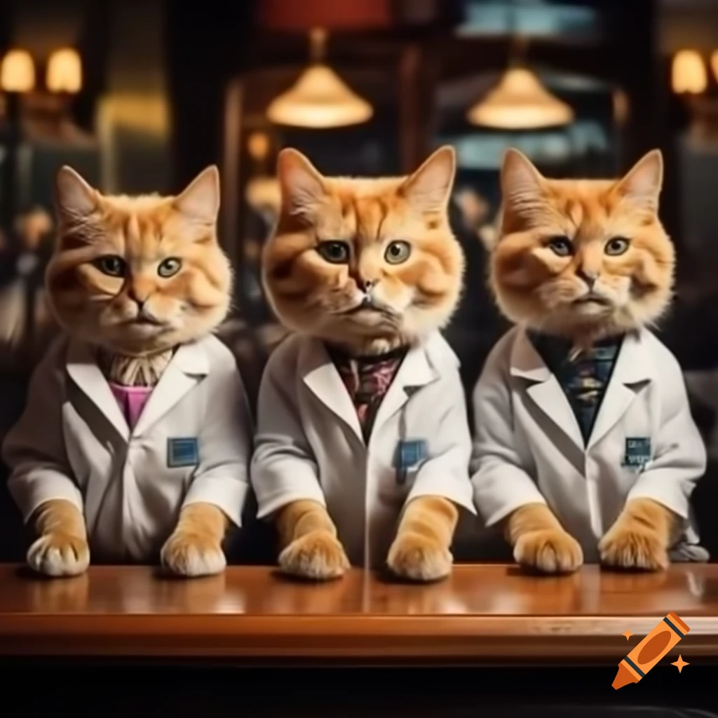 Siberian cats in lab coats with stethoscopes at glamorous bar featuring Frank Sinatra and Jimi Hendrix