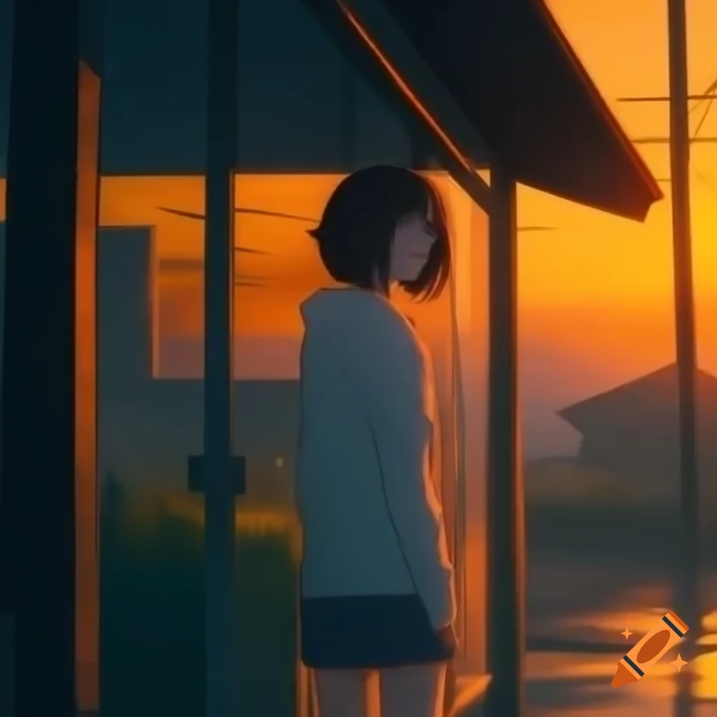 Anime woman standing outside in amber sunset during rain shower
