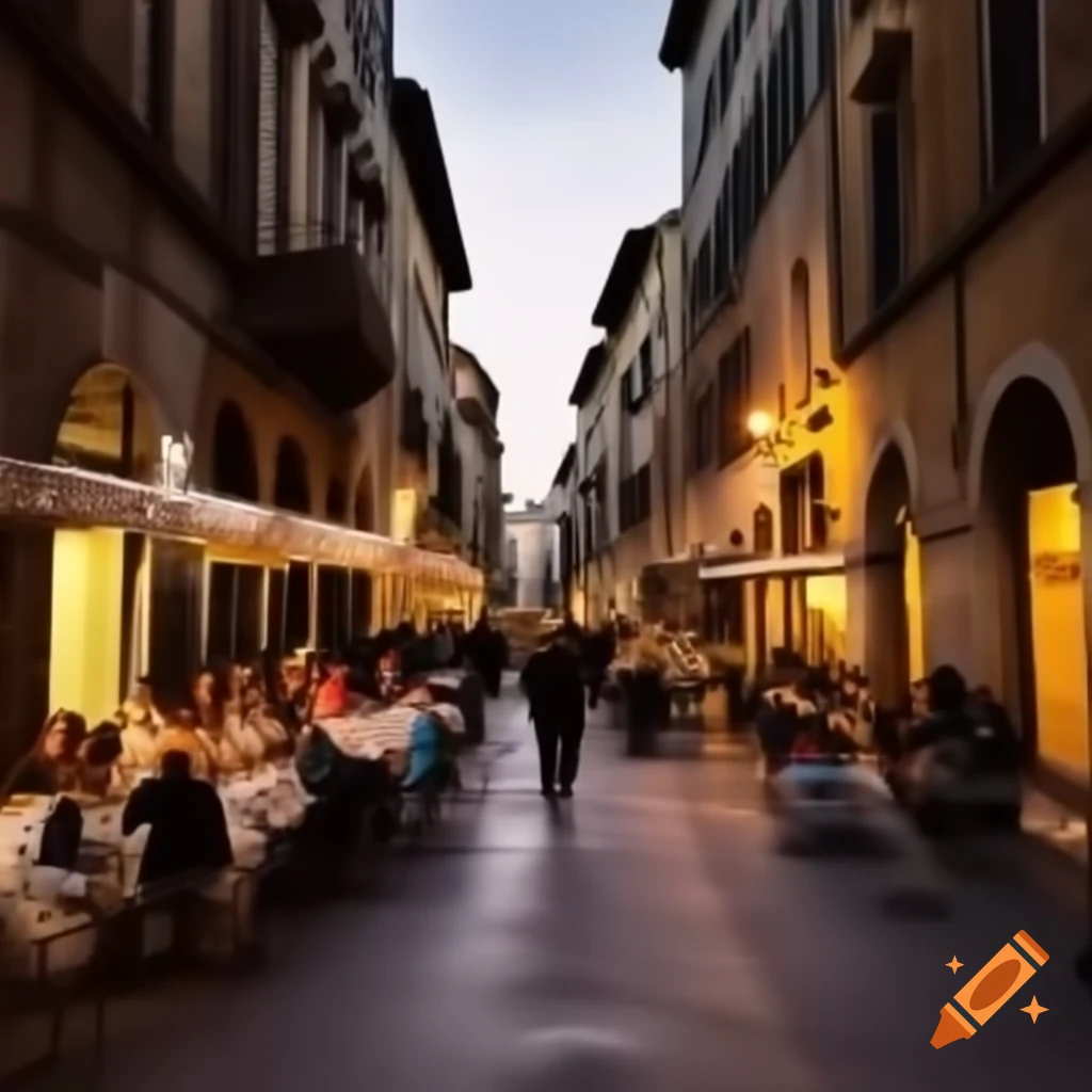 Historic Italian street with buildings and bustling pizzeria during evening