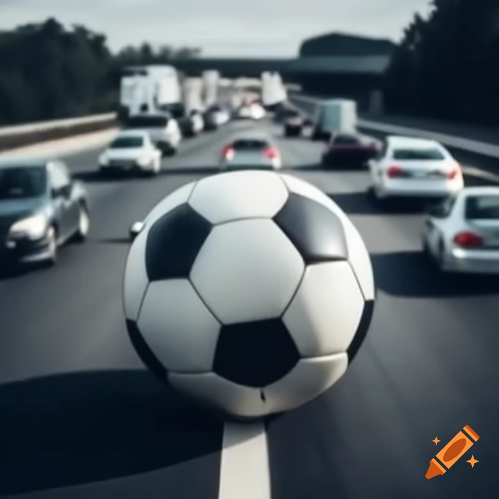 Large soccer ball on highway with congested traffic