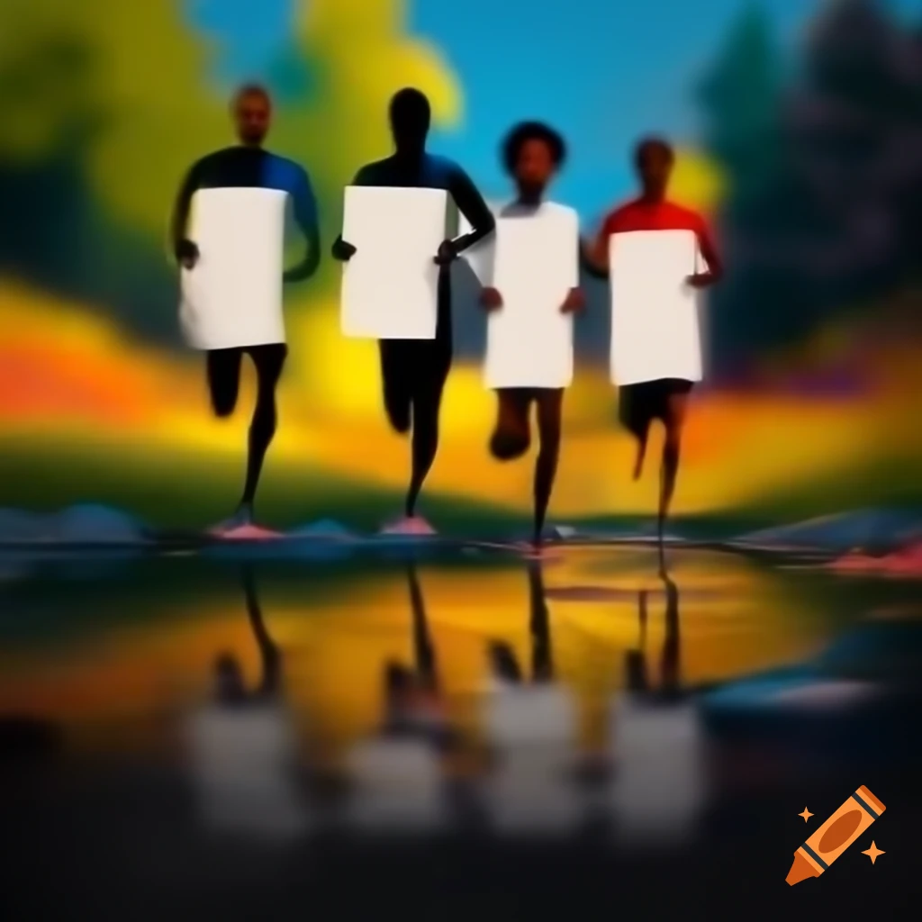 Shadowy athletes sprinting with blank banners against colorful river landscape