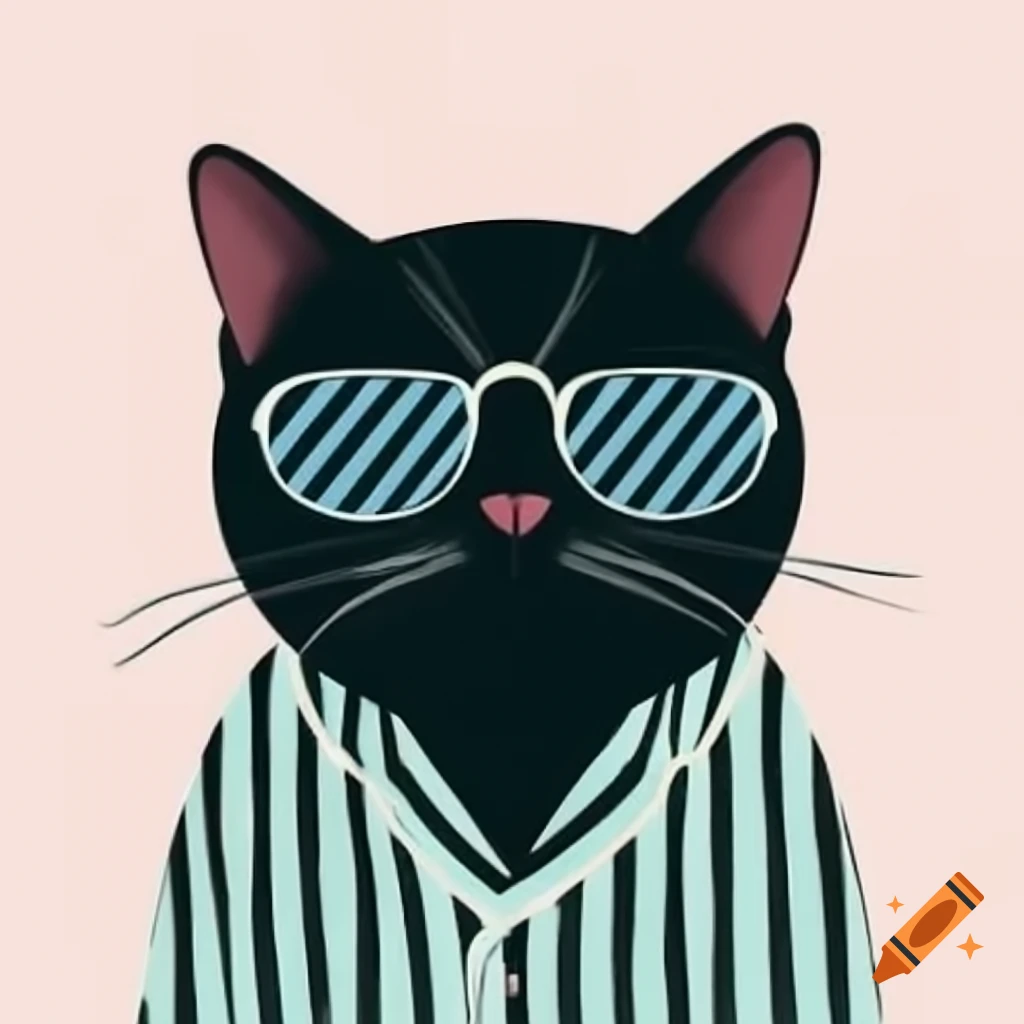 Cartoon art of black cat with pajama stripes and sunglasses