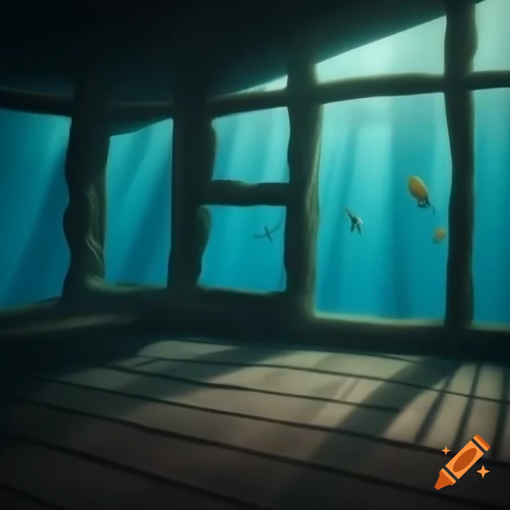 Underwater wooden room with soft lighting